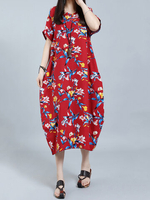 O-NEWE Chinese Style O-neck Floral Printed Maxi Dresses