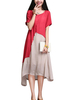 O-NEWE Elegant Contrast Color Patchwork Cotton Linen Dress