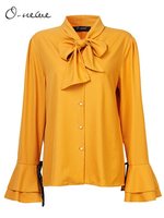 O-NEWE Elegant Solid Bowtie Flare Sleeve Party Blouse For Women