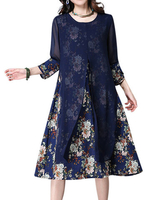 O-Newe Elegant Women Flower Printed Chiffon Patchwork Dress