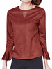 O-Newe Elegant Women Net Yarn Trumpet Sleeve Suede Blouse