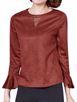 O-Newe Elegant Women Net Yarn Trumpet Sleeve Suede Blouse