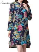 O-Newe Ethnic Style Women Floral Printing Split Irregular Hem Mini Dress