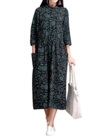 O-NEWE Ethnic Vintage Printing Mandarin Collar 3/4 Sleeve Maxi Dress For Women