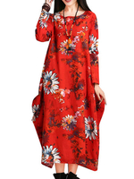 O-Newe Loose Flower Printed Long Sleeve Ball Gown Dress For Women