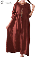 O-Newe Loose Pure Color Embroidery Button Maxi Dress For Women