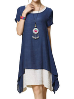 O-NEWE Loose Solid O-Neck Fake Two-Piece Split Dress For Women
