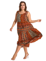 O-NEWE Loose Women Folk Style Pattern Printed Bohemian Maxi Dress