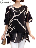 O-NEWE Loose Women Summer Printed Chiffon Irregular Hem Party Blouse