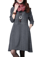 O-Newe Plus Size Elegant Solid Veins O-Neck Long Sleeve Cotton A-Line Dress