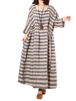 O-Newe Plus Size Loose Stripe Long Sleeve Drawstring Maxi Dress For Women