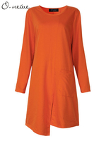 O-Newe Plus Size Solid Long Sleeve Split Asymmetric Mini Dress For Women