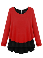 O-Newe Plus Size Solid Patchwork Color Contrast Fake Two-Piece High Low Blouse