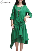 O-Newe Plus Size Solid Ruffled O-Neck Hem Asymmetric Dress For Women