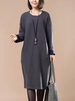 O-Newe Plus Size Solid Stripe Long Sleeve Knee-Length Dress For Women