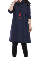 O-Newe Plus Size Solid Turtleneck Long Sleeve Cotton Dress For Women