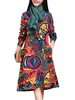 O-Newe Plus Size Vintage Folk Style Colorful Printed Long Sleeve A-Line Dress