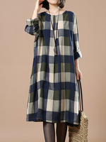 O-Newe Plus Size Women Plaid O-Neck Long Sleeve Knee-Length Dress