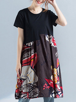 O-NEWE Print Patchwork Short Sleeve O Neck Dresses For Women