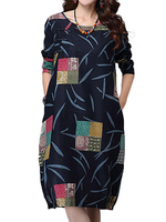 O-Newe Retro Color Block Printed Plate Button Pocket Dress For Women