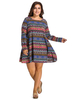 O-NEWE Retro Geometric Patterns Printed Long Sleeve A-Line Dress For Women