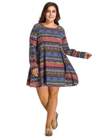 O-NEWE Retro Geometric Patterns Printed Long Sleeve A-Line Dress For Women