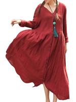O-Newe Vintage Button Ruffled V-Neck Maxi Dress For Women