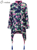 O-NEWE Vintage Floral Print Stand Collar Irregular Hem Blouse
