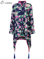 O-NEWE Vintage Floral Print Stand Collar Irregular Hem Blouse