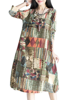O-Newe Vintage Geometric Patterns Printed Long Sleeve O-Neck Dress For Women