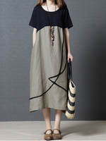 O-NEWE Vintage Loose O Neck Splicing Printed Dresses For Women
