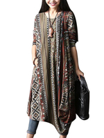 O-Newe Vintage Style Dress Geometric Patterns Printed Long Sleeve Asymmetric Dress