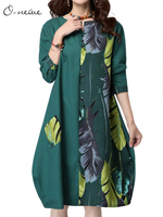 O-NEWE Vintage Women Leaves Printed Patchwork Party Summer Dress