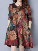 O-Newe Vintage Women Printed O-Neck Long Sleeve Mini Dress