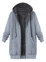 O-NEWE Women Hooded Zipper Long Sleeve Velvet Thicken Long Coat