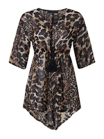 O-Newe Women Leopard V-Neck Waist Drawstring Irregular Tops