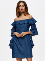 Off-shoulder Flouncing Horn Sleeve Women Mini Dress