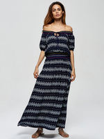 Off-shoulder Print Patchwork Short Sleeve O-neck Women Maxi Dress