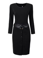 OL Pocket Long Sleeve Leather Patchwork Black Dress