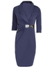 OL Navy Knitting Gathered Lapel Pencil Dress