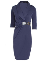 OL Navy Knitting Gathered Lapel Pencil Dress