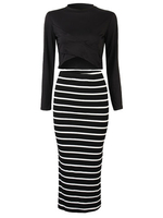 OL Sexy Cross Striped Party Women Long Sleeve T-Shirt Skirt Suit