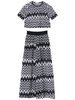 OL Wide Leg Wave Printed Short Sleeve Women Blouse And Pant Suit