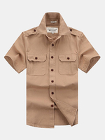 Outdoor Casual Cotton Breathable Loose Cargo Band Collar Dress Shirts for Men