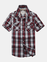 Outdoor Casual Loose Cotton Breathable Plaids Printed Band Collar Dress Shirts for Men