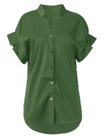 Oversized V-Neck Cotton Batwing Short Sleeve Button Down Blouse