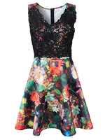 Party Sleeveless Floral Printed Crochet Splicing Stitching V Neck A-line Dress