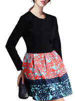Patchwork Floral Printed Pleated Long Sleeve Dress