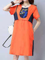 Patchwork Short Sleeve O Neck Pocket Women Dresses