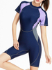 Patchwork Stretchy Back Zipper Half Sleeve Pant One Piece Swimsuit For Women
